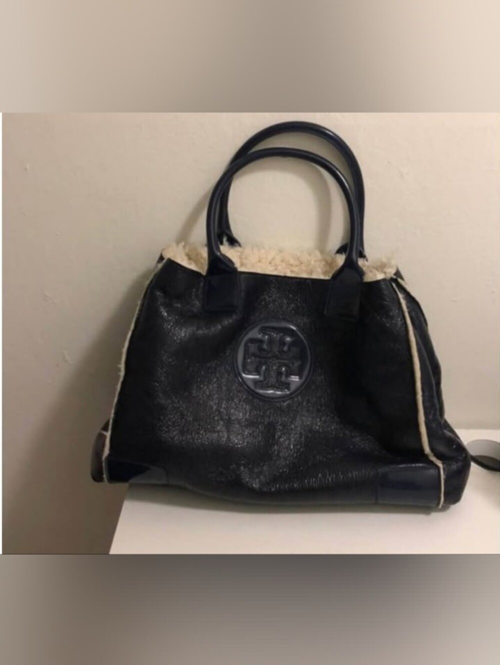 Tory Burch Black Leather Tote with Cream Shearling Trim